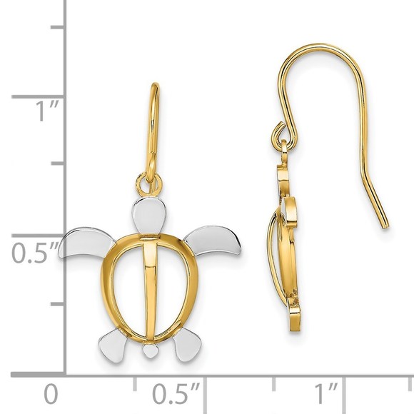 14k Yellow Gold W/ Rhodium Sea Turtle Dangle Earrings - Picture 4 of 4